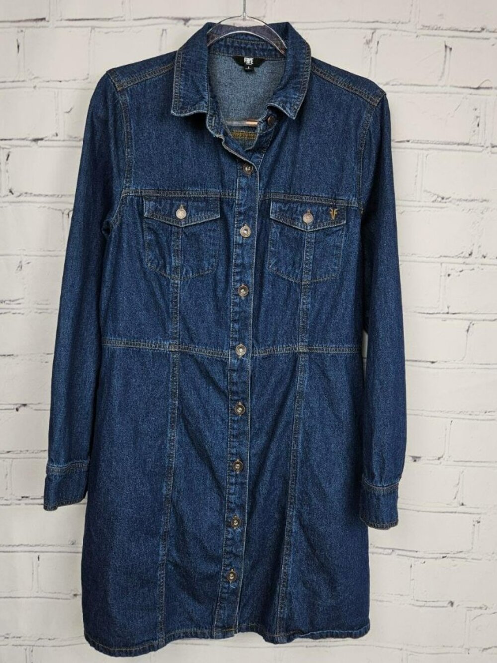 FRYE Womens L Denim Button-Up Shirt Dress Blue Cotton Western Coastal Cowgirl